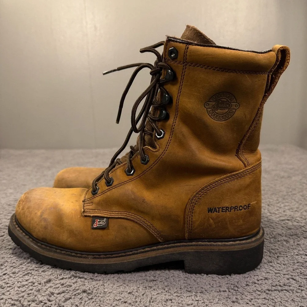 Justin Work Boots Mens 8.5 EE Brown Leather WK961 Waterproof Steel Toe‎ 8 Inch